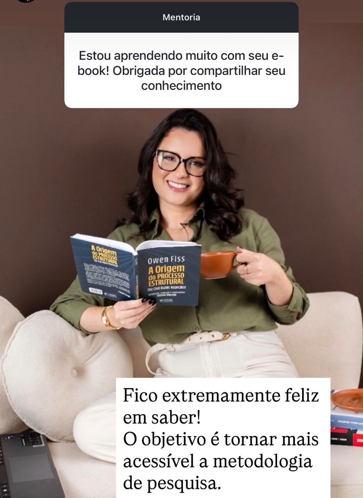 Print do depoimento de uma leitora: Estou aprendendo muito com seu e-book! Obrigada por compartilhar seu conhecimento. A autora agradece pelo retorno.